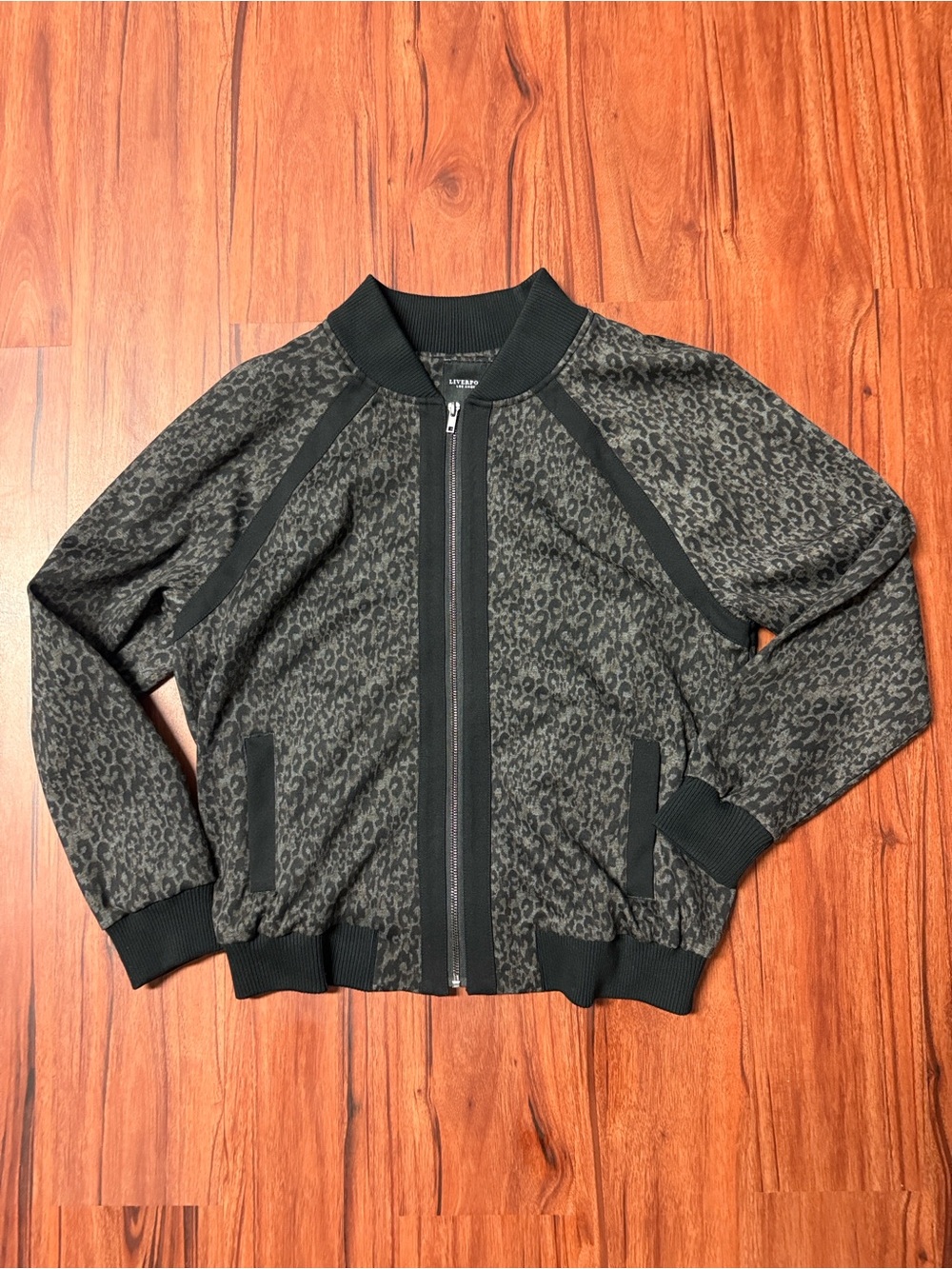 Liverpool Black and Charcoal Cheetah-Print Bomber Jacket, Size Large